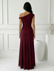 Burgundy One Shoulder Mermaid Maxi Dress with Pleat