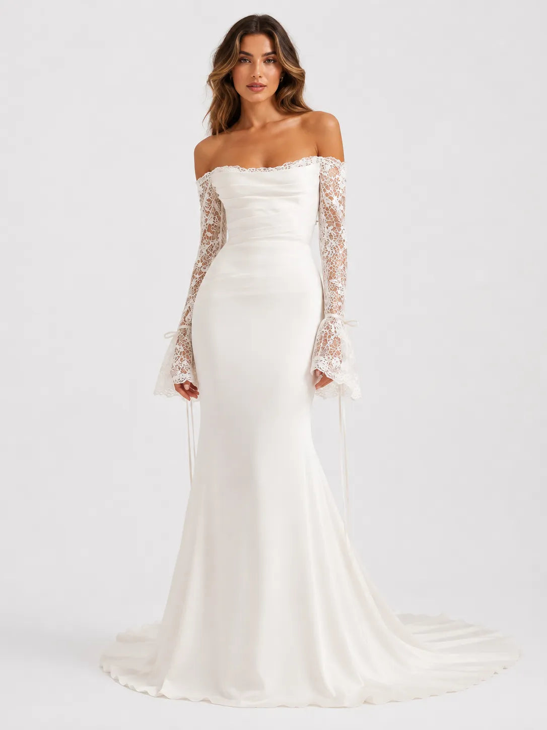 Off-the-Shoulder Lace Long Sleeve Ruched Mermaid Wedding Dress with Chapel Train