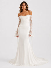 Off-the-Shoulder Lace Long Sleeve Ruched Mermaid Wedding Dress with Chapel Train