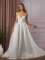 White A Line Strapless Satin Wedding Dress