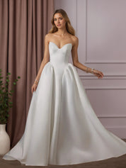 White A Line Strapless Satin Wedding Dress