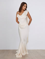 Ivory Satin Asymmetrical Neck Sleeveless Floor Length Dress With 3D Flower