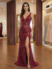 Steel Blue Sequin Feather Long Prom Dress with Slit
