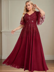 A-line V-Neck Floor-Length Lace Chiffon Evening Dress With Sequins