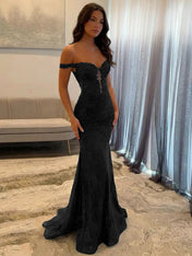 Sparkly Off the Shoulder Mermaid Corset Long Prom Dress
