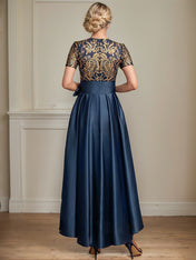 A-line Scoop Asymmetrical Satin Sequin Lace Mother of the Bride Dress With Bow