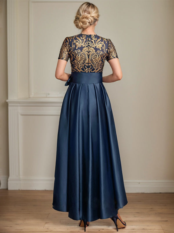 A-line Scoop Asymmetrical Satin Sequin Lace Mother of the Bride Dress With Bow