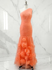 Sweetheart Tulle Pleat One Shoulder Mermaid Evening Dresses Gown with 3D Flower
