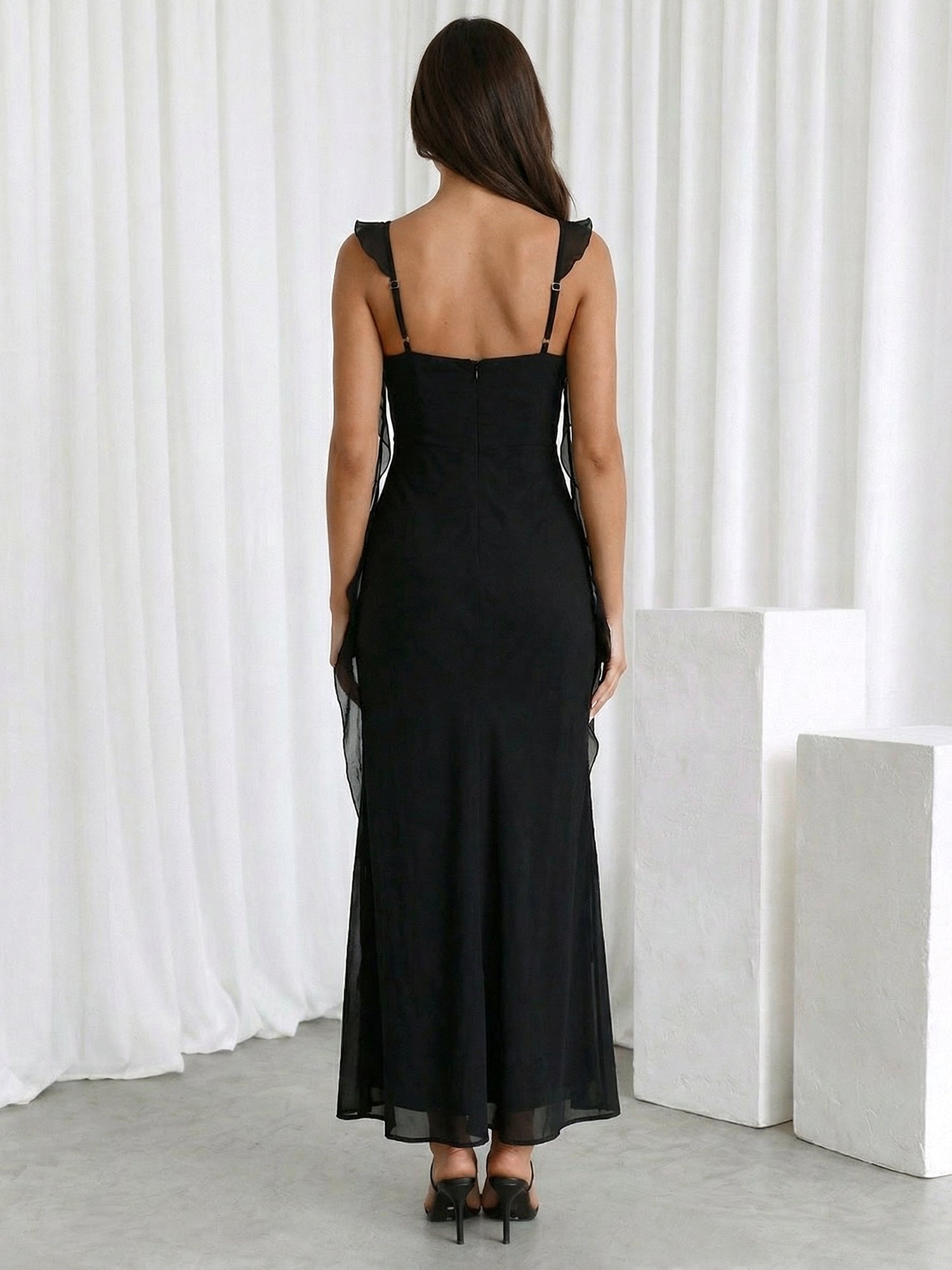 Black Ruffle Chiffon Ankle Length Maxi Dress with Slit