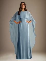 Robe de mère de la mariée en mousseline, coupe fourreau/colonne, col bateau, longueur ras du sol, avec volants en cascade 