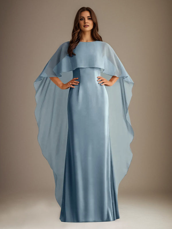 Robe de mère de la mariée en mousseline, coupe fourreau/colonne, col bateau, longueur ras du sol, avec volants en cascade 