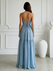 Blue Strapless Sweetheart Chiffon Maxi Dress with Pleat