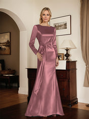 Satin Sheath Long Sleeves Mother of the Bride Dress with Side Waist