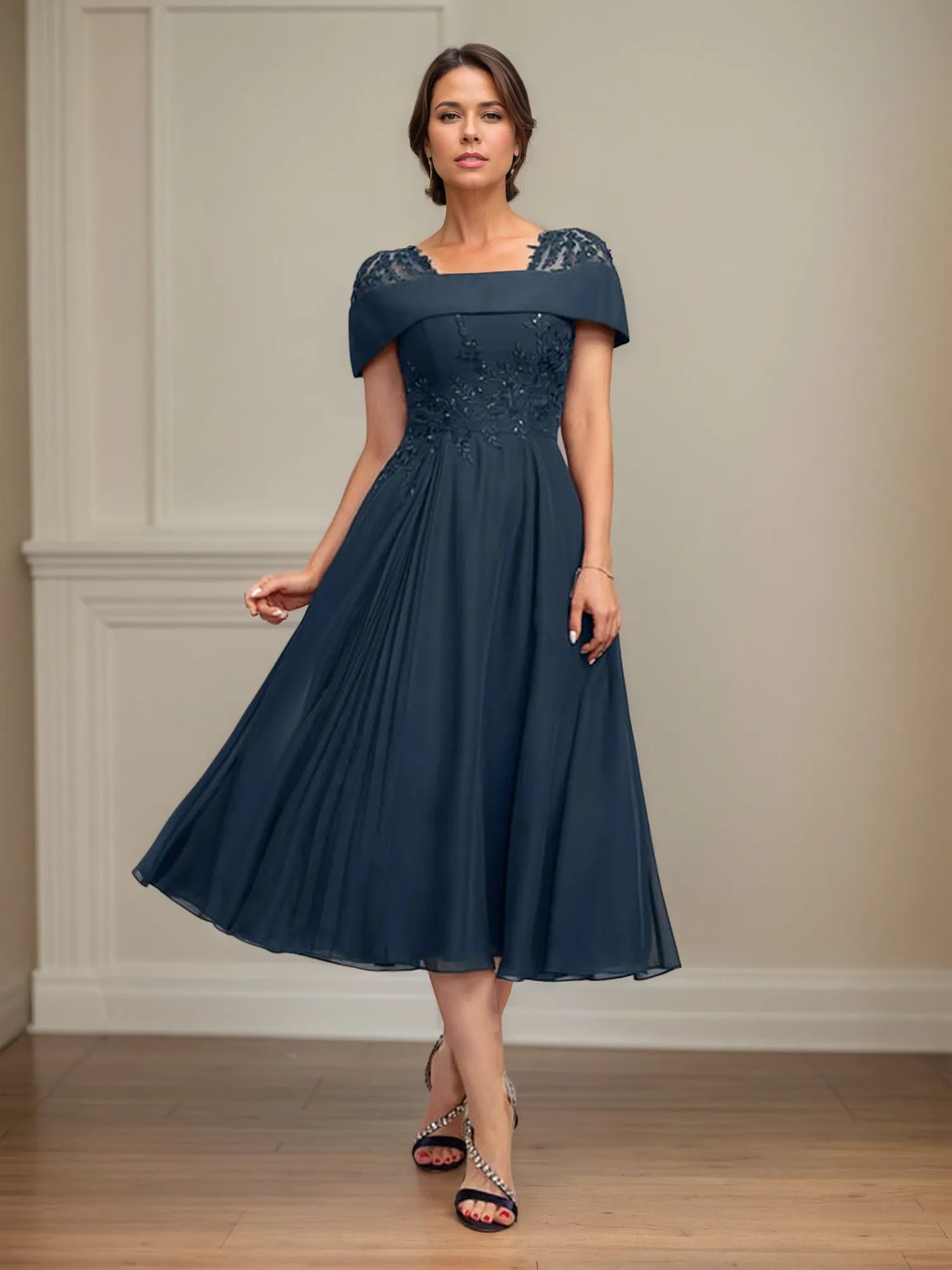 A Line Square Neck Tea Length Chiffon Mother of the Bride Dress With Pleated Sequins