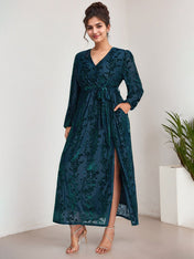 A-Line V-Neck Long Sleeves Velvet Tea-Length Mother of the Bride Dress With Split