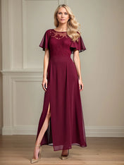 A Line Scoop Neck Short Sleeve Chiffon Mother of the Bride Dress With Leg Slit