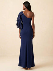 Navy Blue One-Shoulder Mermaid Gown with Sequin Ruffle Sleeve