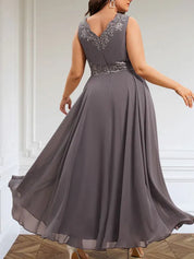 Robe de mère de la mariée trapèze en mousseline de soie, col en V, longueur cheville, avec appliques à paillettes et perles en dentelle 