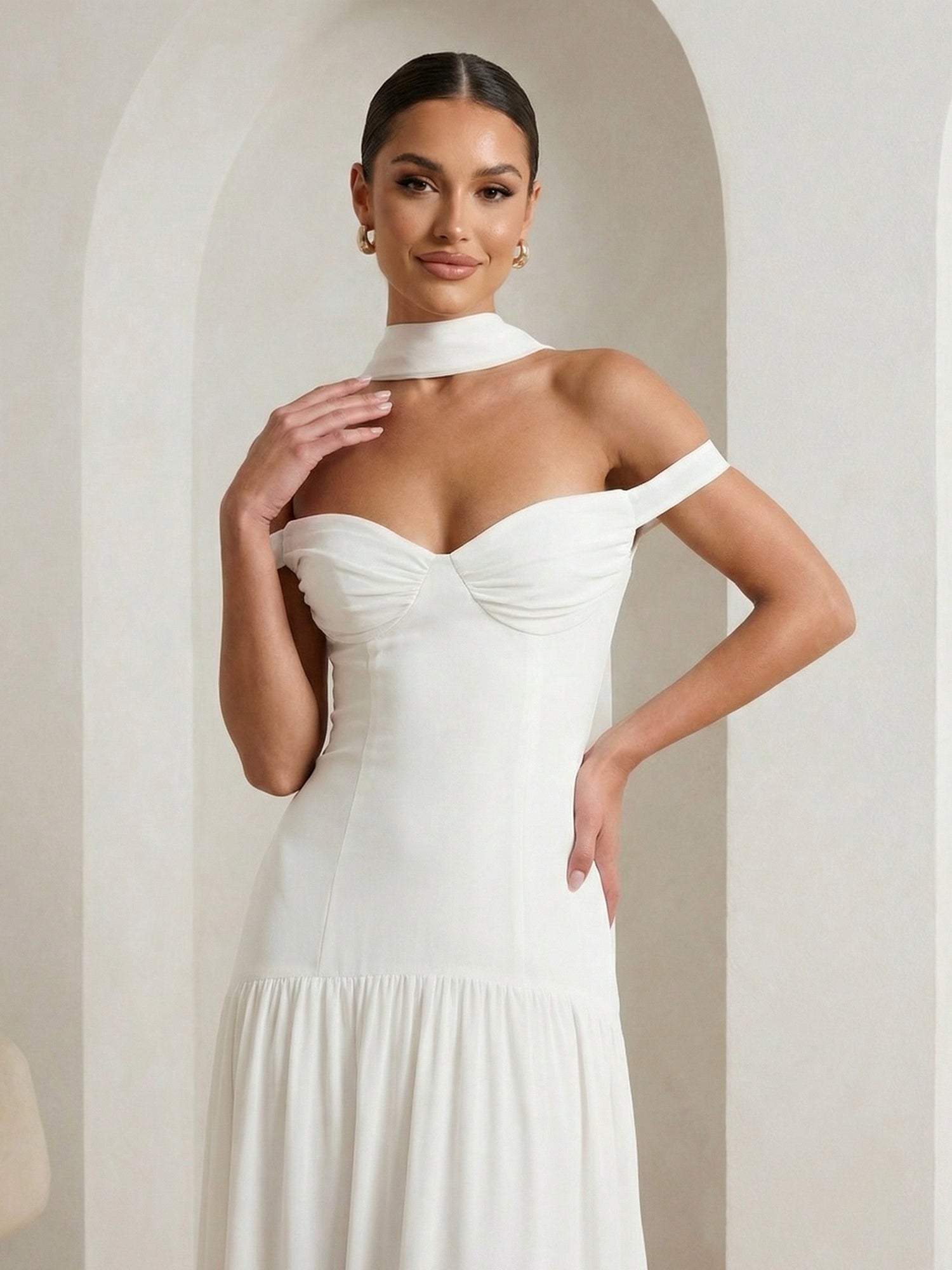 White Off the Shoulder Satin A Line Maxi Dress with Scarf