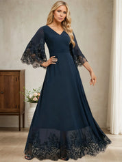 A-line V-Neck Floor-Length Chiffon Evening Dress With Pleated Sequins