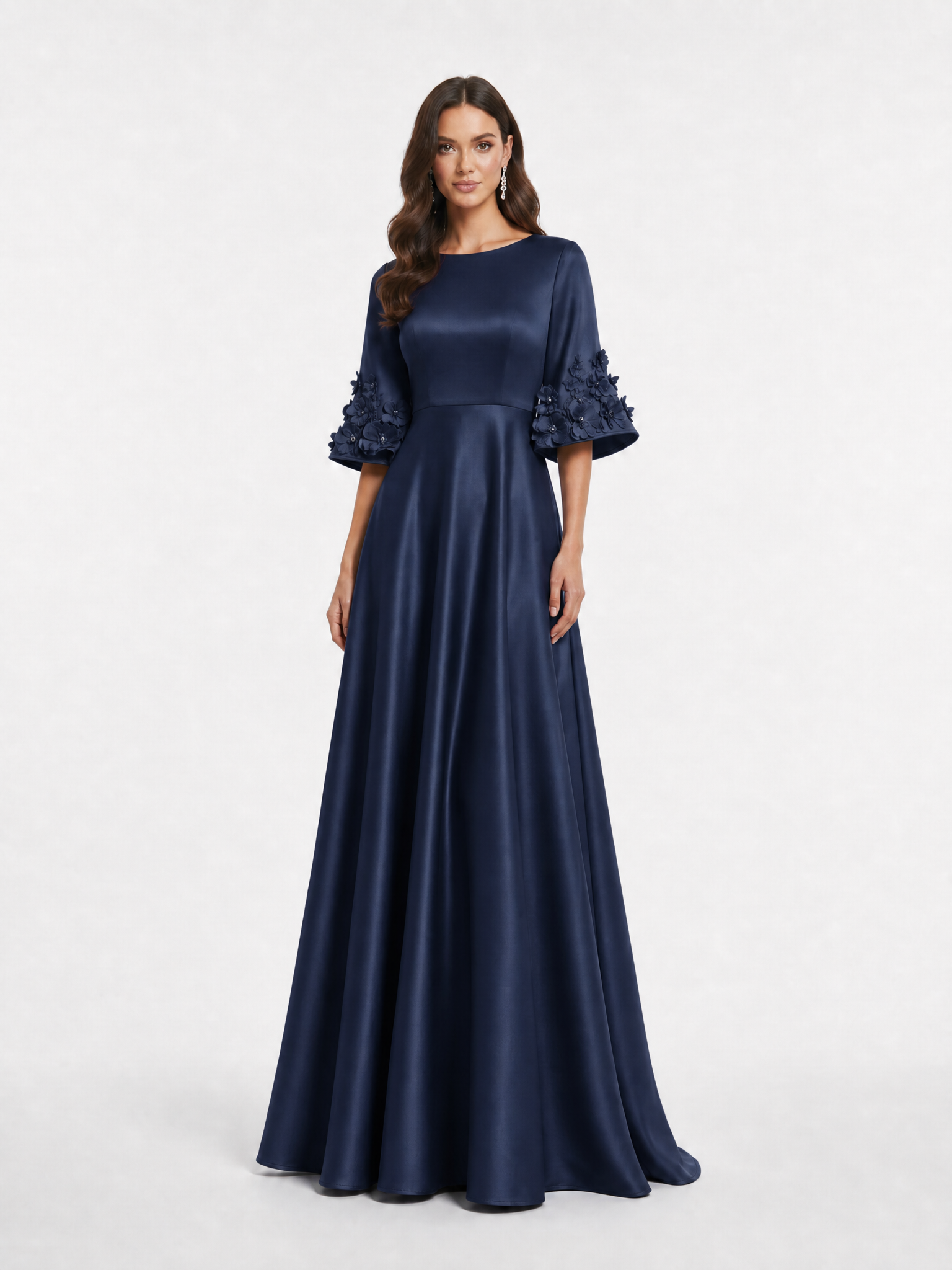 Princess Bateau Neck Floor-Length Evening Dresses with 3D Floral Bell Sleeves