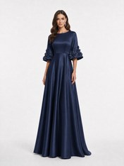 Solid Satin A-Line/Princess Bateau Neck Floor-Length Evening Dresses with 3D Floral Bell Sleeves