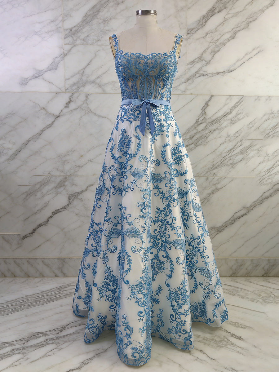 Blue Floral Baroque Lace A Line Long Corset Prom Dress