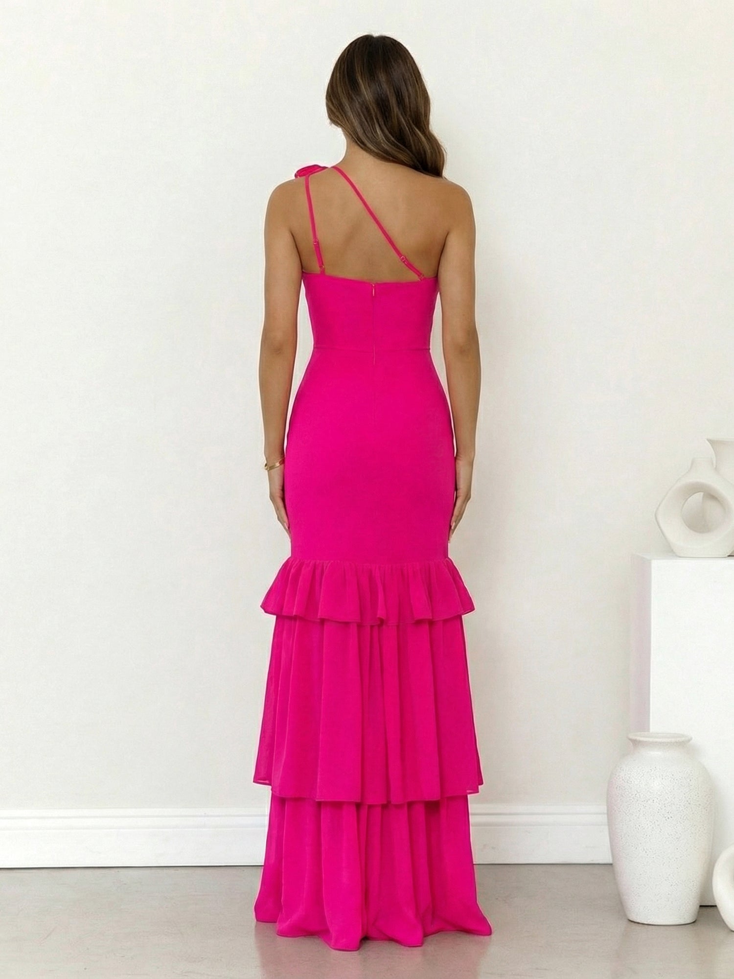 Fuchsia One Shoulder Mermaid Tiered Maxi Dress with 3D Flower