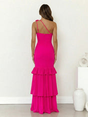 Fuchsia One Shoulder Mermaid Tiered Maxi Dress with 3D Flower