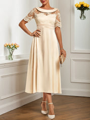 Beige Lace Satin Crew Neck Short Sleeve A-Line Midi Dress