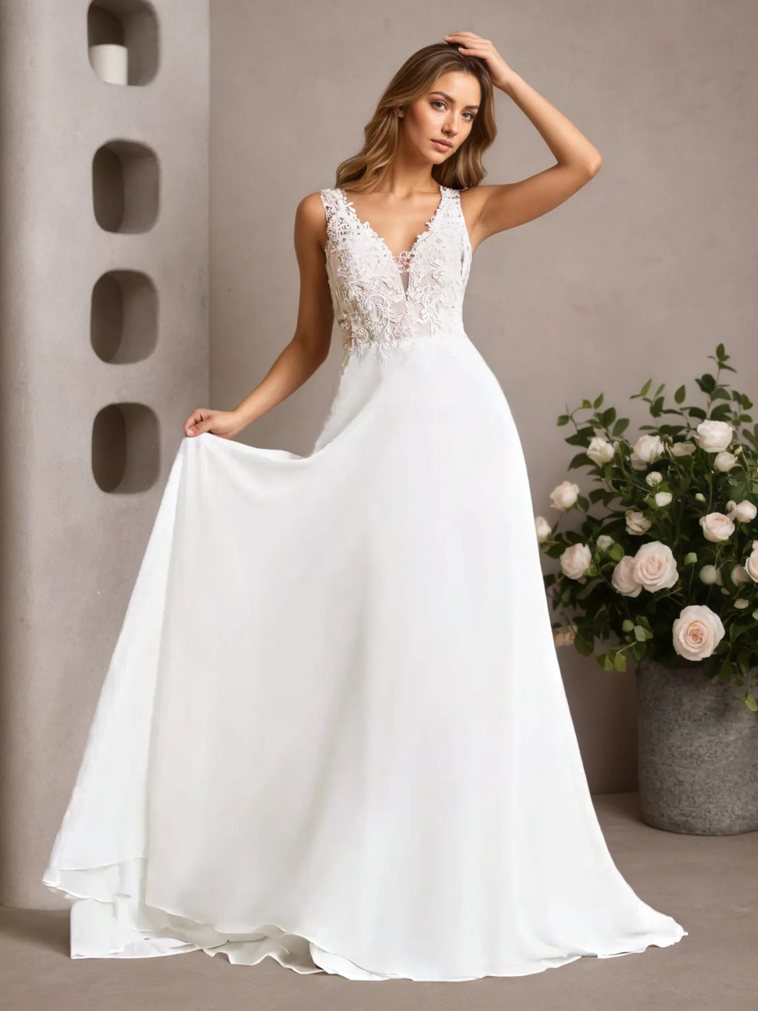 White A-Line Sleeveless Sequins Chiffon Wedding Dress