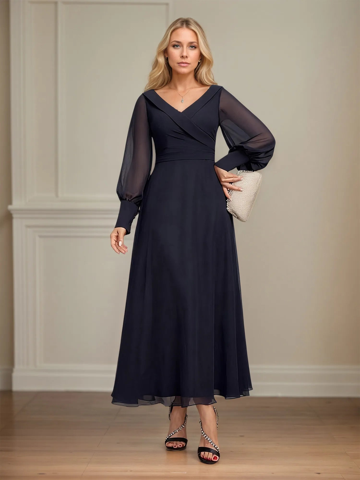 A-line V-Neck Collared Ankle-Length Chiffon Mother of the Bride Dress With Pleated