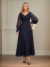 A-line V-Neck Collared Ankle-Length Chiffon Mother of the Bride Dress With Pleated