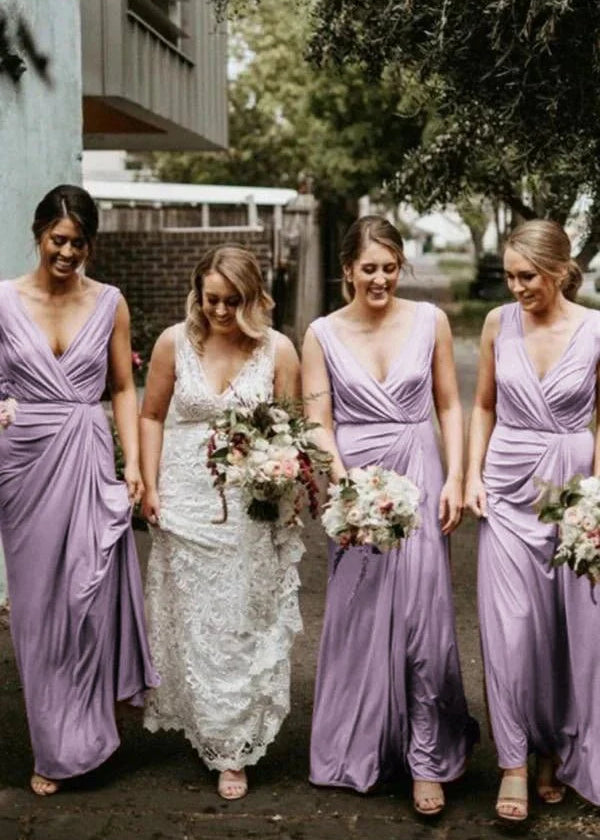 A Line Chiffon V Neck Sleeveless Floor Length Ruched Bridesmaid Dress