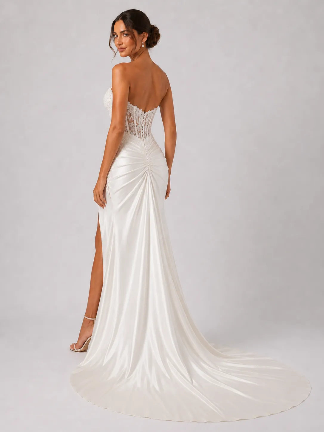 Elegant Strapless Lace Corset Satin Wedding Dress with High Slit and Chapel Train