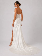 Elegant Strapless Lace Corset Satin Wedding Dress with High Slit and Chapel Train