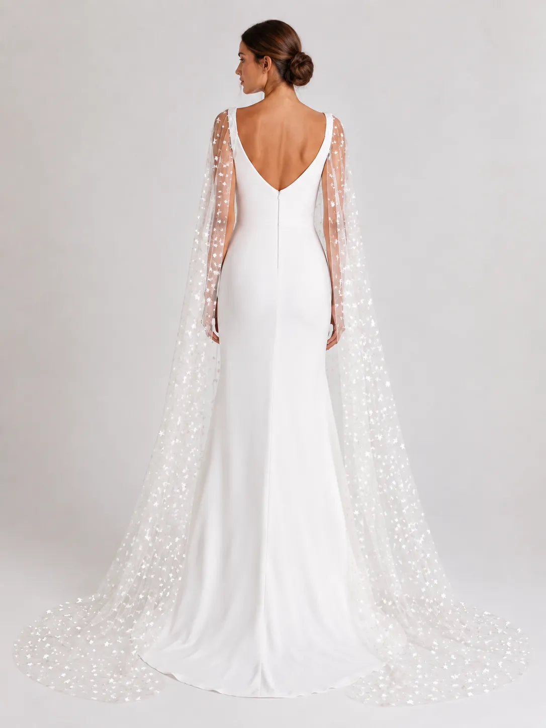 Elegant Cowl-Neck Sheath Wedding Dress with Star-Embroidered Tulle Cape and Low V-Back
