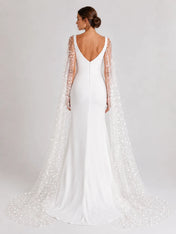 Elegant Cowl-Neck Sheath Wedding Dress with Star-Embroidered Tulle Cape and Low V-Back
