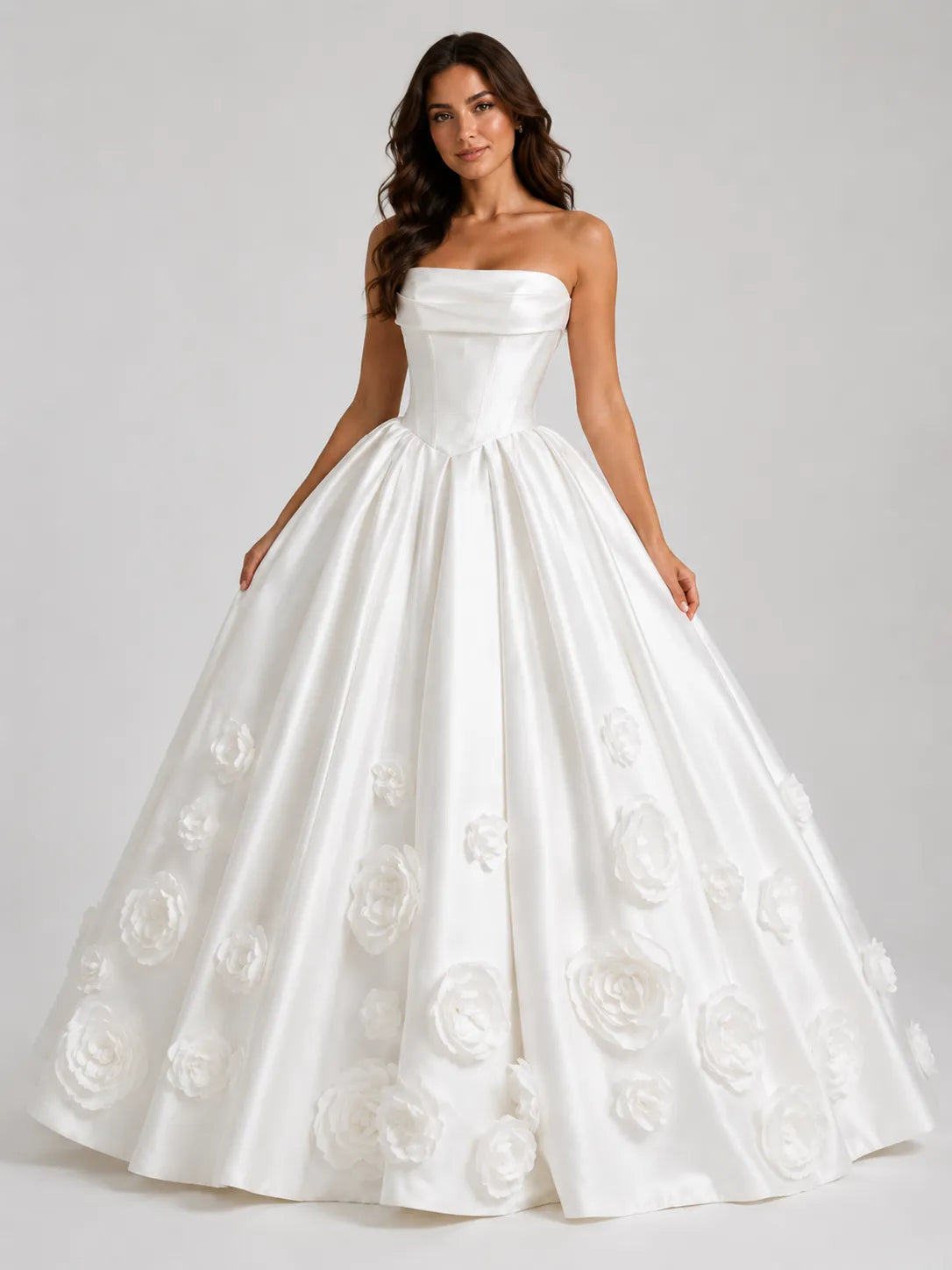 Elegant Strapless Satin Ball Gown Wedding Dress with 3D Floral Appliqués and Draped Straight Neckline