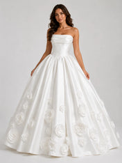 Elegant Strapless Satin Ball Gown Wedding Dress with 3D Floral Appliqués and Draped Straight Neckline
