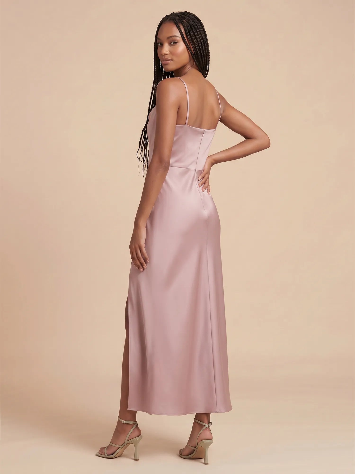 Cowl Neck Satin Midi Bridesmaid Dress with Adjustable Straps and Side Slit