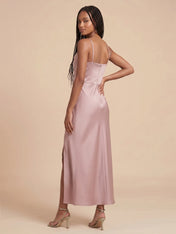 Cowl Neck Satin Midi Bridesmaid Dress with Adjustable Straps and Side Slit