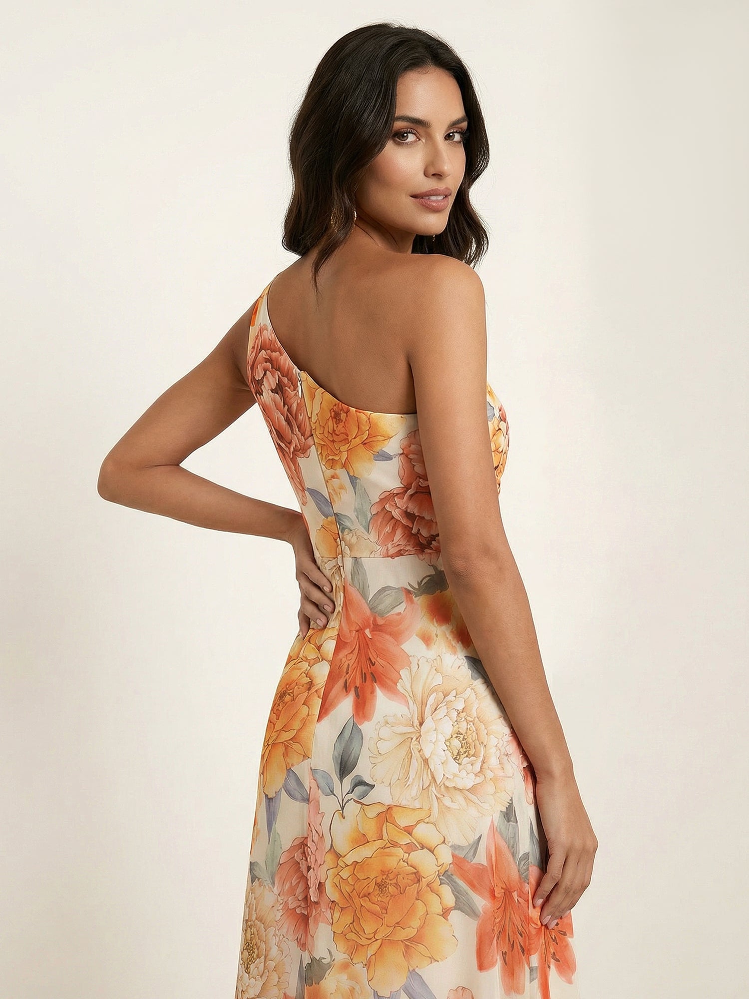 Elegant One-Shoulder Floral Print Ruched Tea-Length Evening Dresses