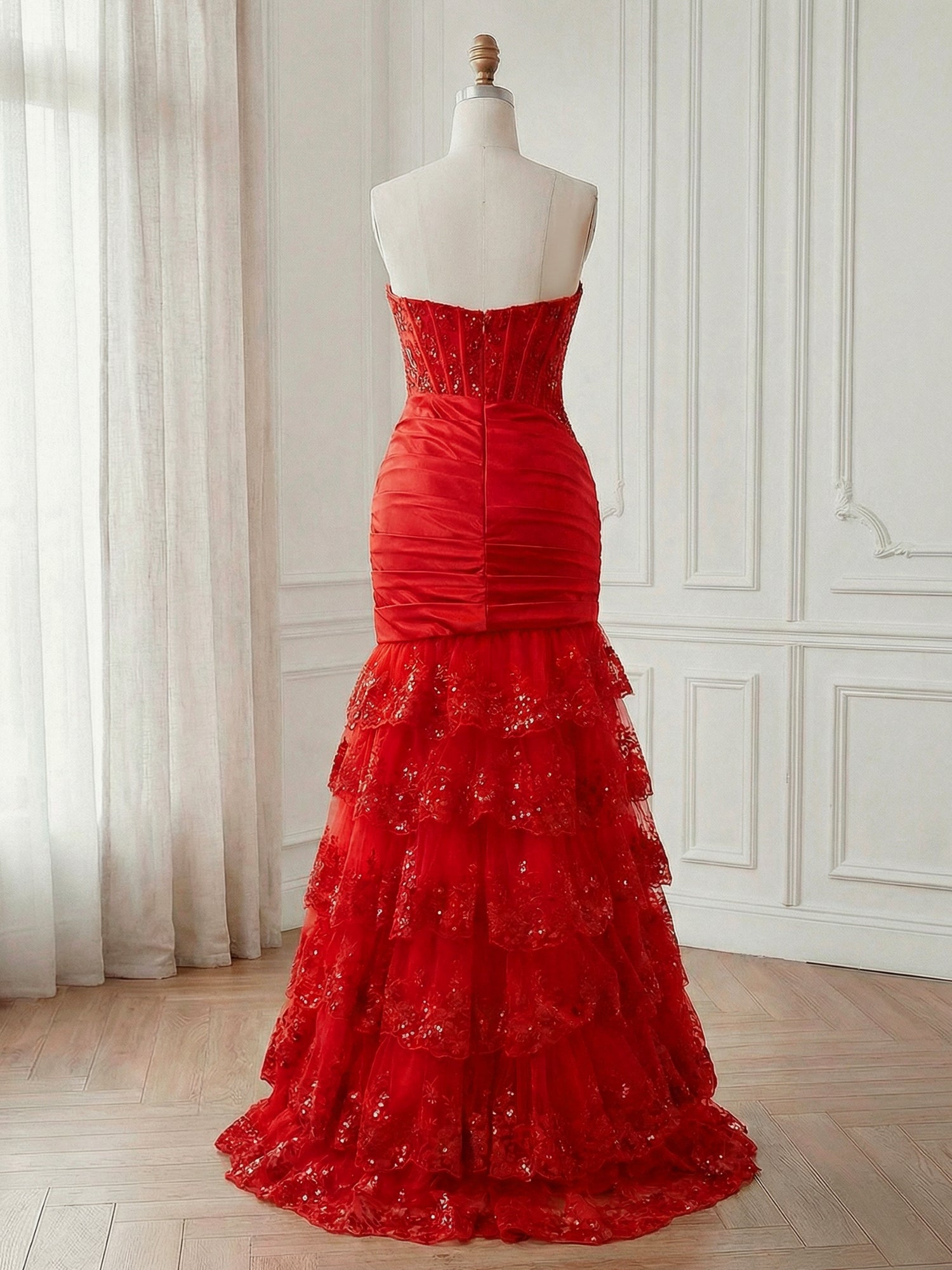 Red Mermaid Strapless Tiered Ruffle Long Satin Prom Dress with Slit