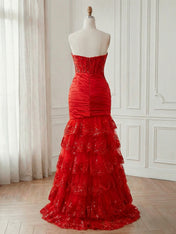 Red Mermaid Strapless Tiered Ruffle Long Satin Prom Dress with Slit