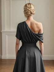 A Line Satin One Shoulder Pleated Ankle Length Mother of the Bride Dress