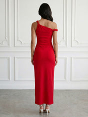 Red One Shoulder Mermaid Satin Maxi Dress Tea Length