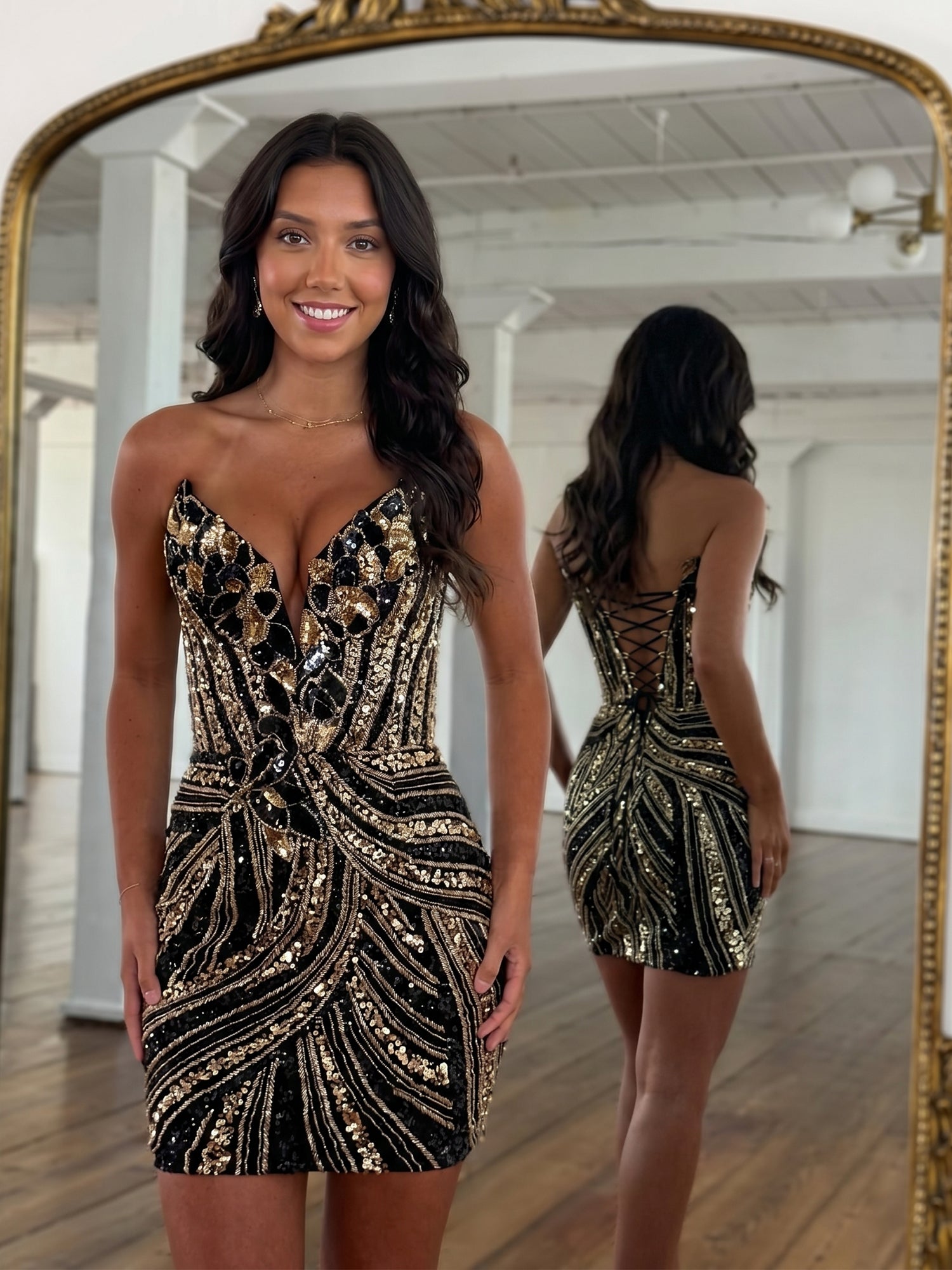 Champagne Gold Art Deco Sequin Short Homecoming Dresses