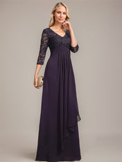A-line V-Neck Floor-Length Lace Chiffon Mother of the Bride Dress With Cascading Ruffles Sequins