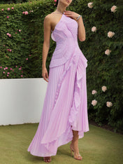 Purple Asymmetrical Pleated Halter Neck Midi Dress